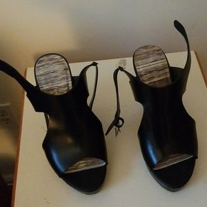 Black leather, wedge heel sandal
